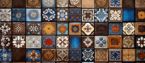 Various intricate and colorful designs on individual tiles forming a captivating mosaic on a wall