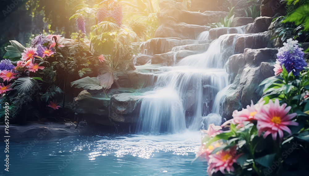 Spring waterfall with flowers beautiful landscape
