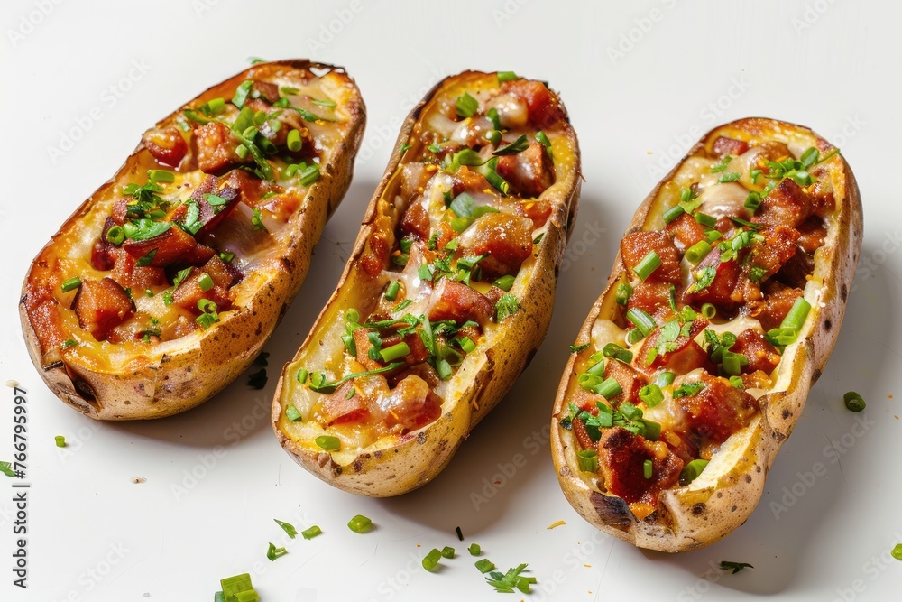 Three Loaded Baked Potatoes on White Surface
