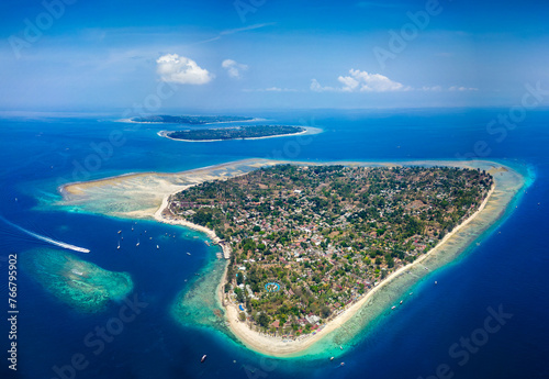 Aerial view of the 3 Gili Islands in Lombok, Indonesia photo
