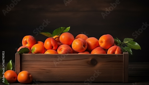 Tangerines and oranges in a wooden box collected in an eco farm