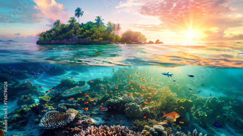 A coral reef stretches underwater with a small tropical island in the distance photo