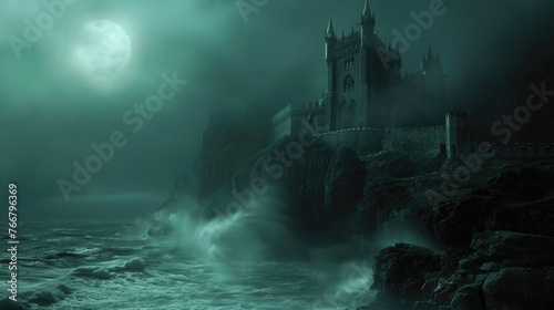 A medieval castle on a misty cliff, overlooking a turbulent sea, under a full moon. Resplendent.
