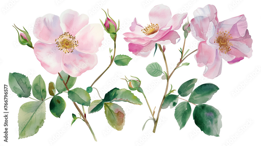 Fototapeta premium Beautiful floral set with watercolor hand drawn summer wild field rose flowers, isolated on transparent background.