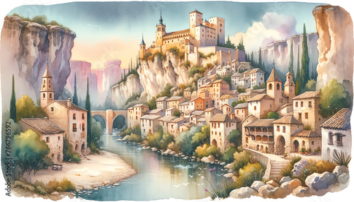Watercolor Painting of Alcala del Jucar, Spain photo