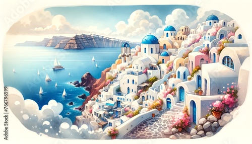 Watercolor Painting of Fira, Santorini, Greece
