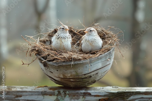 Two cute baby birds sitting in a nest isolated on a white background