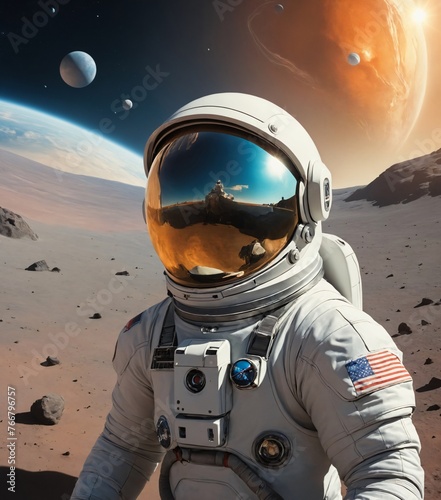Portrait of an astronaut in a spacesuit. Explore the space alien. Fictional person.