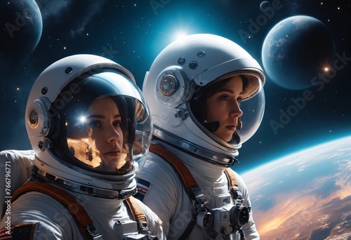 Portrait of girls astronauts in spacesuits.