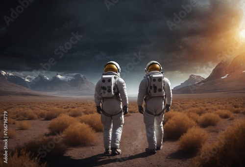 Two astronauts on an uninhabited planet.