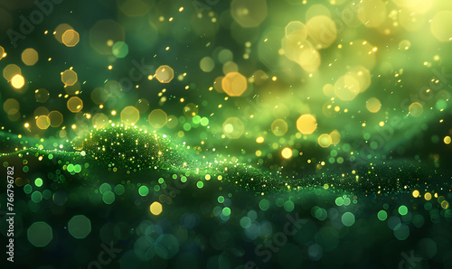 Green background with sparkling bokeh lights effect backdrop