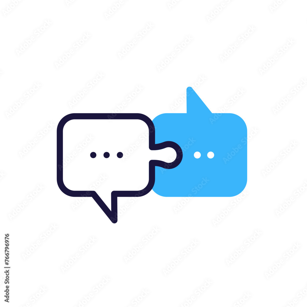 Puzzle pieces in speech bubble shapes icon, vector illustration symbol for integrated communication, problem solving dialogue, and idea collaboration concept Puzzle pieces in speech bubble shapes icon, vector illustration symbol for integrated communication, problem solving dialogue, and idea collaboration concept