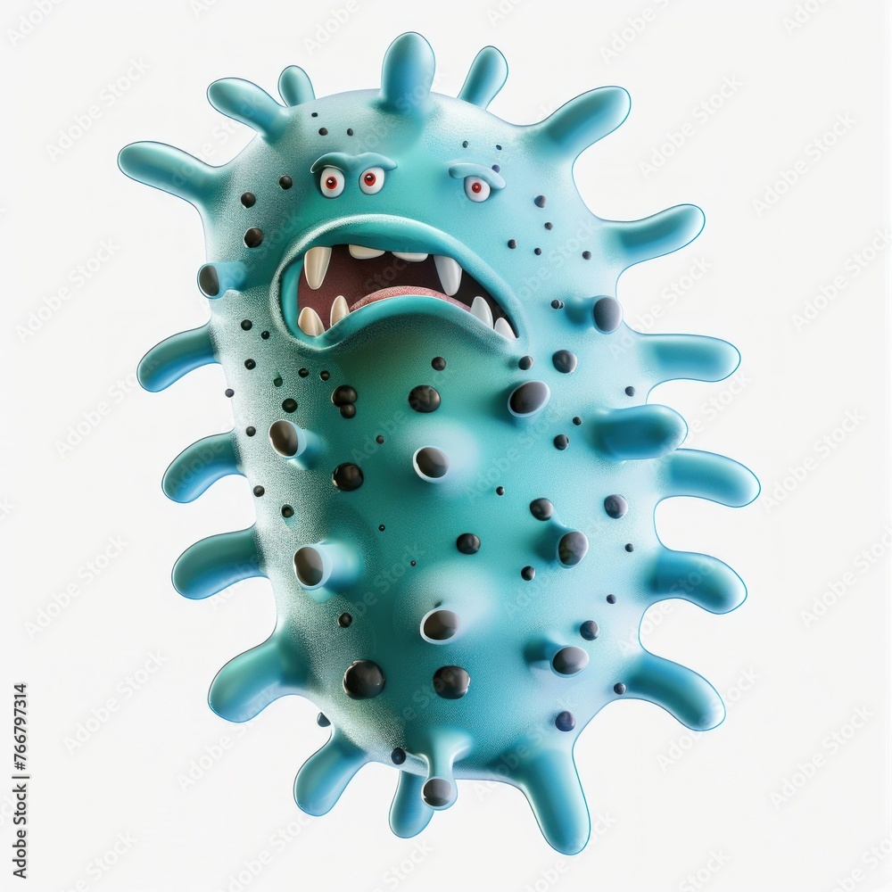 Funny 3D illustration of a blue and green germ with a funny face on a transparent background.