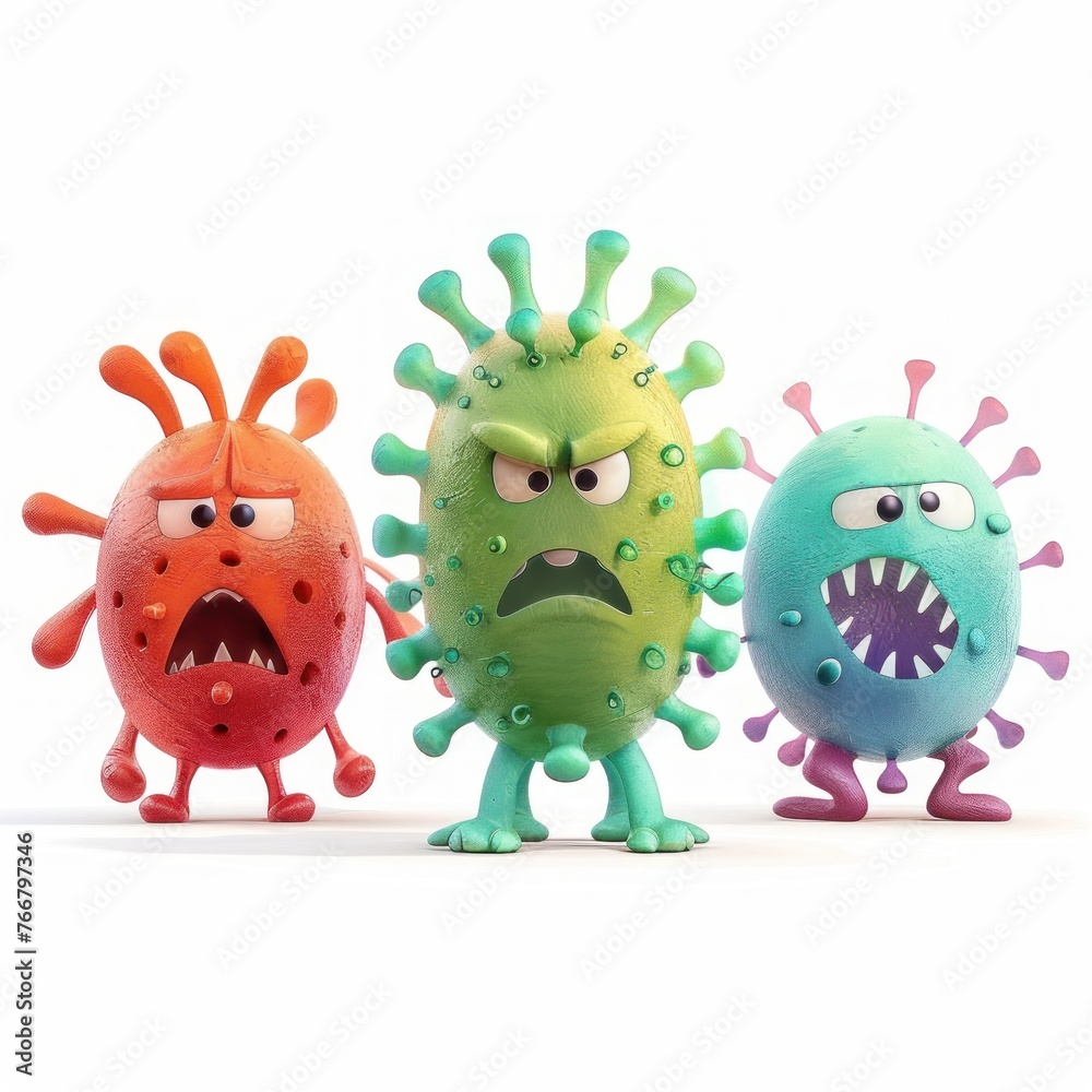 Adorable Red, Green, and Blue Microbes Characters Together, Isolated on White Background.
