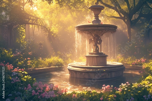 Fountain in nature, anime background, wallpaper