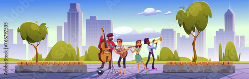 Street band performing in city park on summer day. Vector cartoon illustration of young musicians playing guitar, trumpet, contrabass, flute, singing song in microphone, modern cityscape background