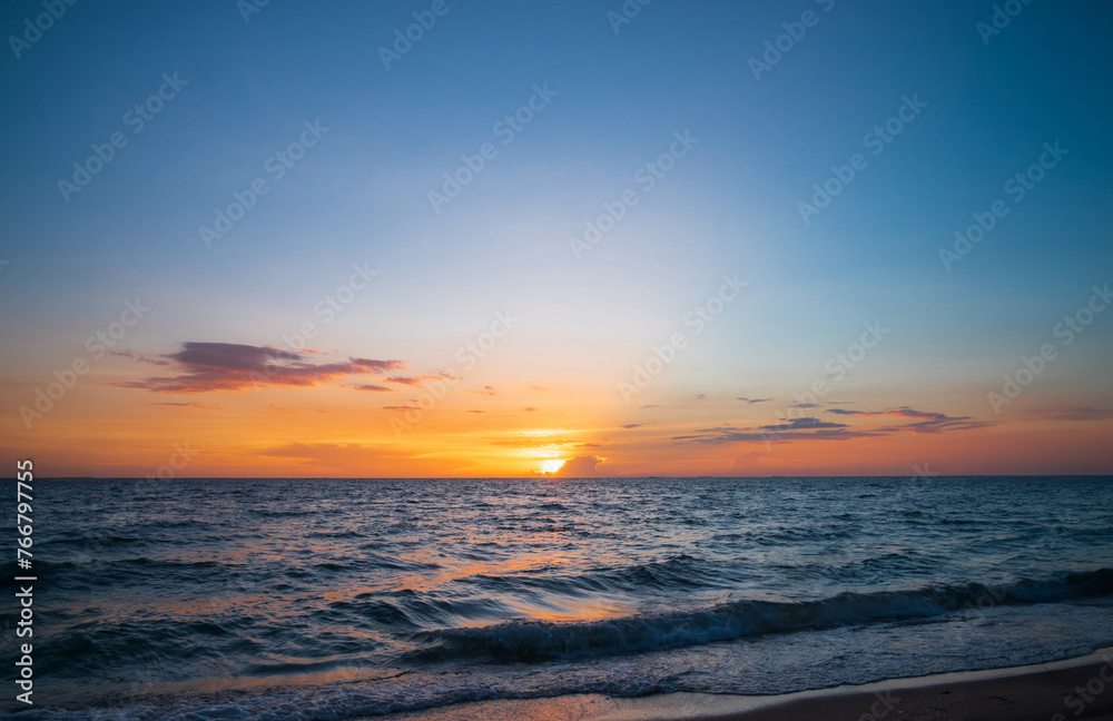 Fototapeta premium Landscape horizon viewpoint panorama summer shore sea beach nobody wind wave cool holiday look calm big sunset sky twilight evening on day time nature tropical coast beautiful ocean water travel