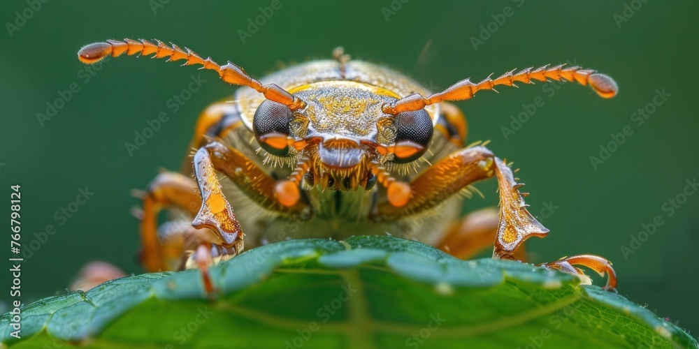 Fototapeta premium Orange Beetle on Leaf with Blurred Background, Close-up Insect Photography