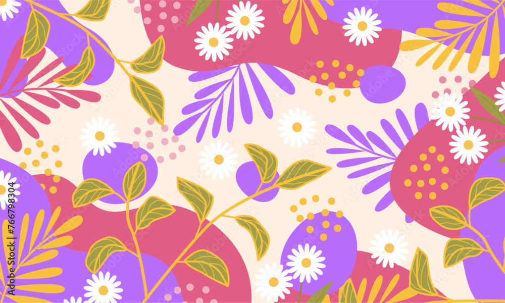 Abstract organic with hand drawn florals colorful background. Aesthetic background with copy spaces.