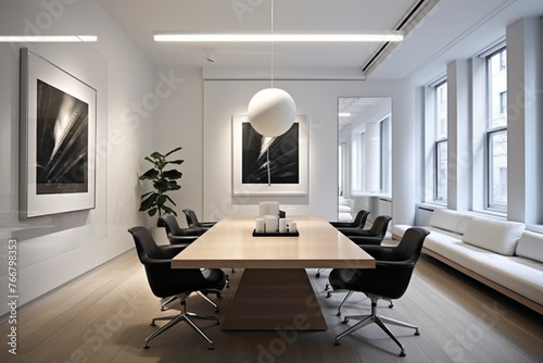 A chic and professional meeting space boasting sleek furnishings. The empty white frame on the wall offers an opportunity for customization or branding. © LOVE ALLAH LOVE
