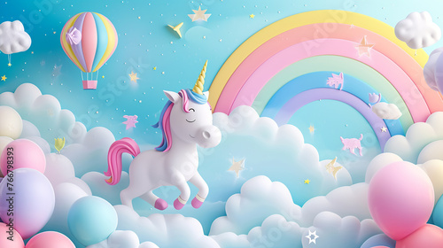 Design a serene baby blanket pattern showcasing a gentle white horse standing amidst pastel-colored clouds against a rainbow-filled sky, perfect for cozy cuddles and naptime dreams.