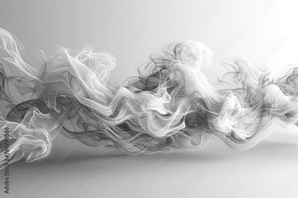Black and white smoke on gray background, 3D rendering, computer simulation of smoke