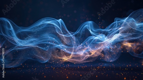 Blue and orange flowing energy wave with glowing particles on a dark background © ЮРИЙ ПОЗДНИКОВ