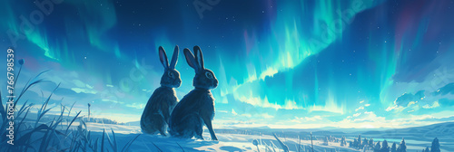 A pair of hares bounding through a snowy meadow under the aurora, night's ballet, luminous chase, vibrant Color