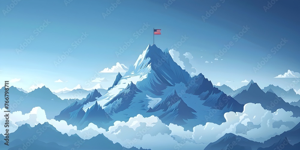 Majestic Mountain Peak with Triumphant Flag Planted at the Summit