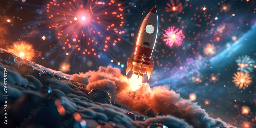 Fototapeta premium Rocket Blasting Through Vibrant Firework Filled Sky Launching Dreams into the Cosmos