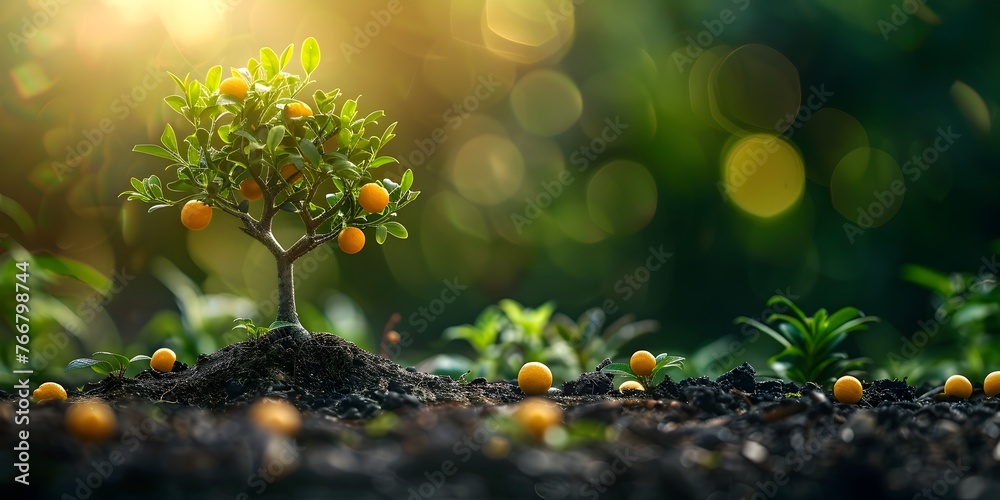Flourishing Seedling Transforming into Fruitful Tree with Golden Harvest in Lush Natural Landscape Flourishing Seedling Transforming into Fruitful Tree with Golden Harvest in Lush Natural Landscape