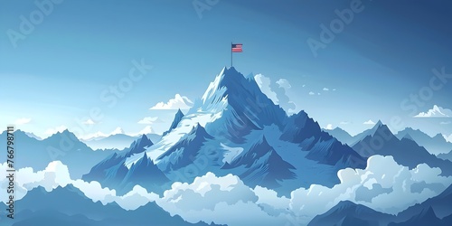 Majestic Mountain Peak with Triumphant Flag Planted at the Summit Symbolizing Accomplishment and Conquest of the Highest Challenges © Thares2020