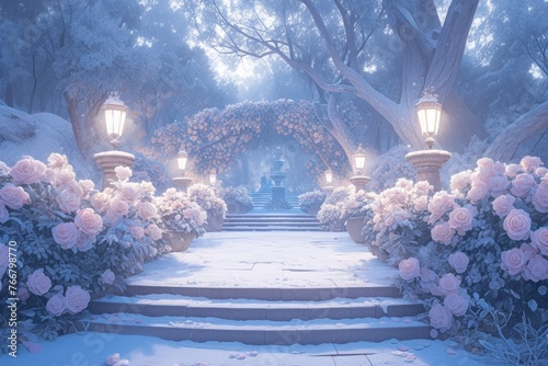 Frozen rose, garden, anime background, wallpaper