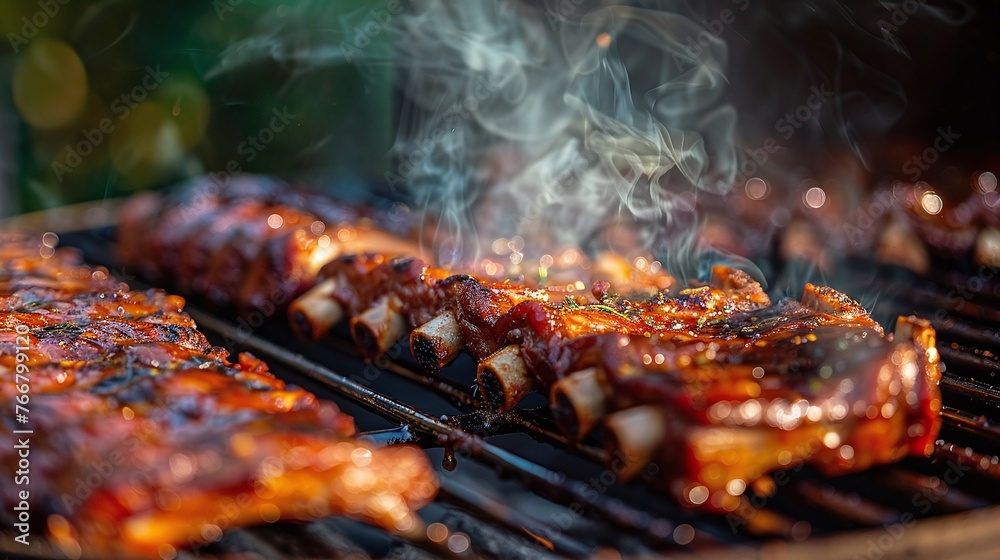 closeup of american bbq ribs cooking on grill juicy bbq ribs in smoker with smoke