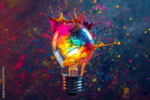 Vibrant Lightbulb with Splashing Colors Concept