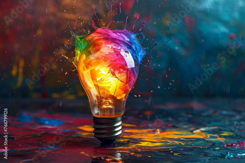 Colorful Paint Splashing Around Lightbulb Concept