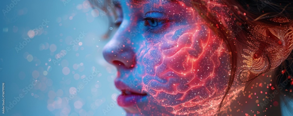 Portrait of a young woman with a glowing red brain on a blue background