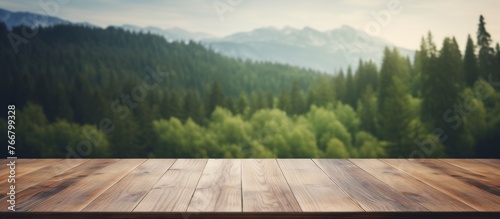 An empty wooden table surrounded by a natural landscape with a forest, grass, and trees in the background under a cloudy sky