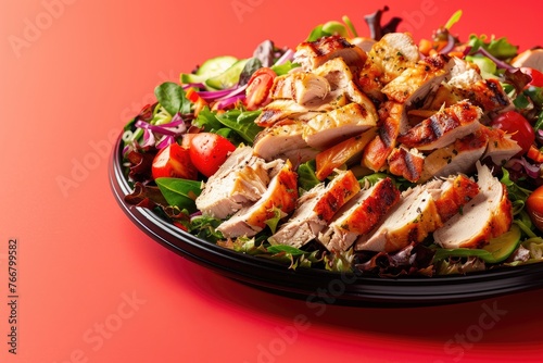 Plate of Chicken Salad on a Red Table