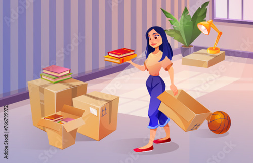 New home moving concept. Young woman packing her stuff and belongings in cardboard box - books and basketball ball, plant and lamp. Cartoon vector illustration of house leaving and relocation.
