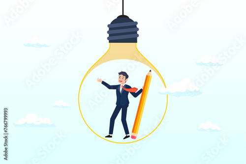 Creative man holding pencil think about idea on lightbulb, creative idea, imagination or inspiration, creativity to thinking about solution or invention, new idea, knowledge or education (Vector)