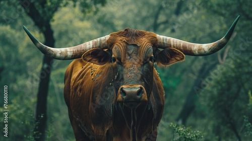 african bull with big horns in the forest closeup showing the powerful and rugged features of the solitary animal photo