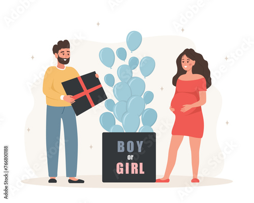 Gender reveal party. Its a boy. Couple opening surprise gift box with inscription Boy or girl. Family expecting unborn child. Blue balloons. Baby shower. Vector illustration in cartoon style.
