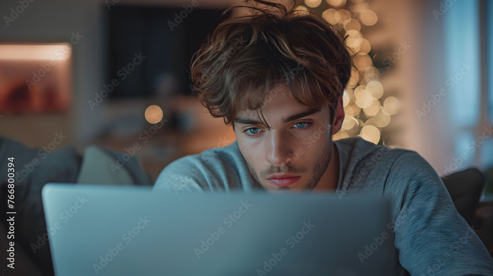 Casual brunette man working on laptop from cozy couch Casual brunette man working on laptop from cozy couch
