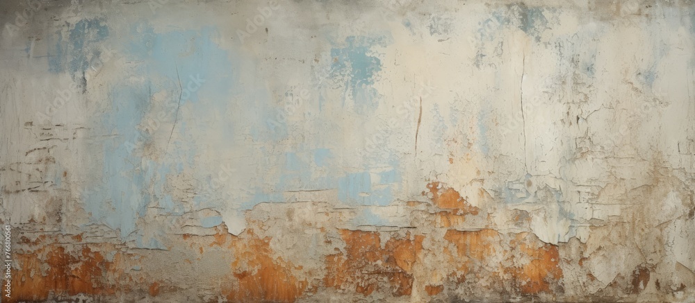 Fototapeta premium Old weathered wall showing signs of deterioration with peeling blue and white paint layers
