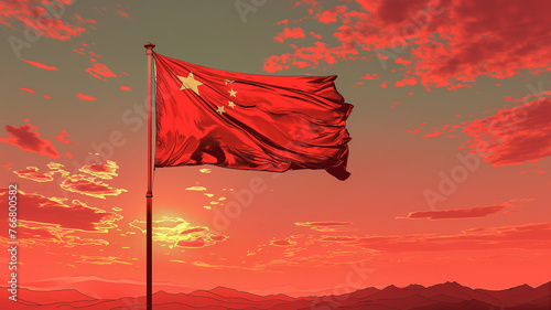 Chinese flag waving in the wind on a red background with copy space