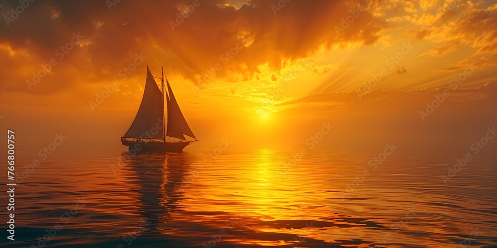 sailing vessel glides gracefully across the tranquil waters its sails silhouetted against a breathtaking golden sunset