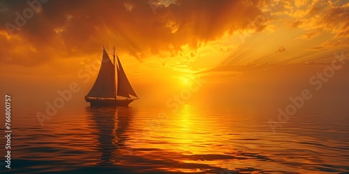 sailing vessel glides gracefully across the tranquil waters its sails silhouetted against a breathtaking golden sunset © Thares2020