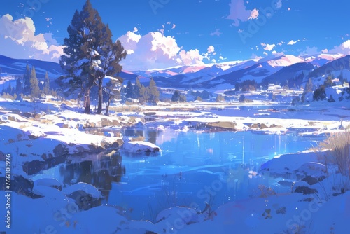 Frozen lake, anime style background wallpaper