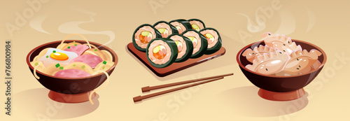 Korean traditional food collection for dinner in restaurant. Oriental meal in bowl and plate with chopsticks - noodle with egg and meat, hot gyoza and kimbap. Cartoon eating with vegetables and spices